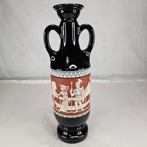 Vintage Egyptian‎ Revival Vase, Black Ceramic Amphora Vase with Two Handles